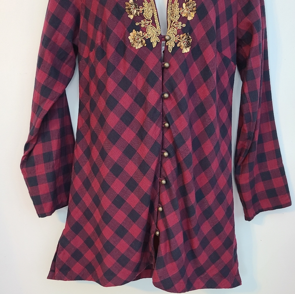 Soft Surroundings Webster Tunic Top Women S Red Burgundy Plaid Embellished Gypsy - Picture 5 of 16